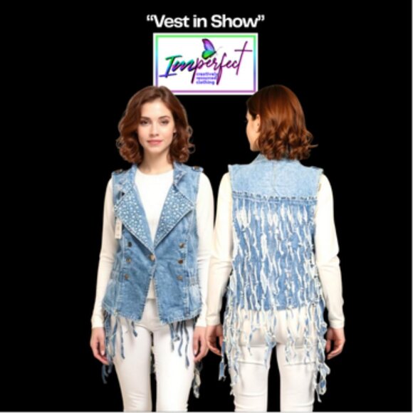 Upcycled denim vest with denim fringe - Picture 1 of 2